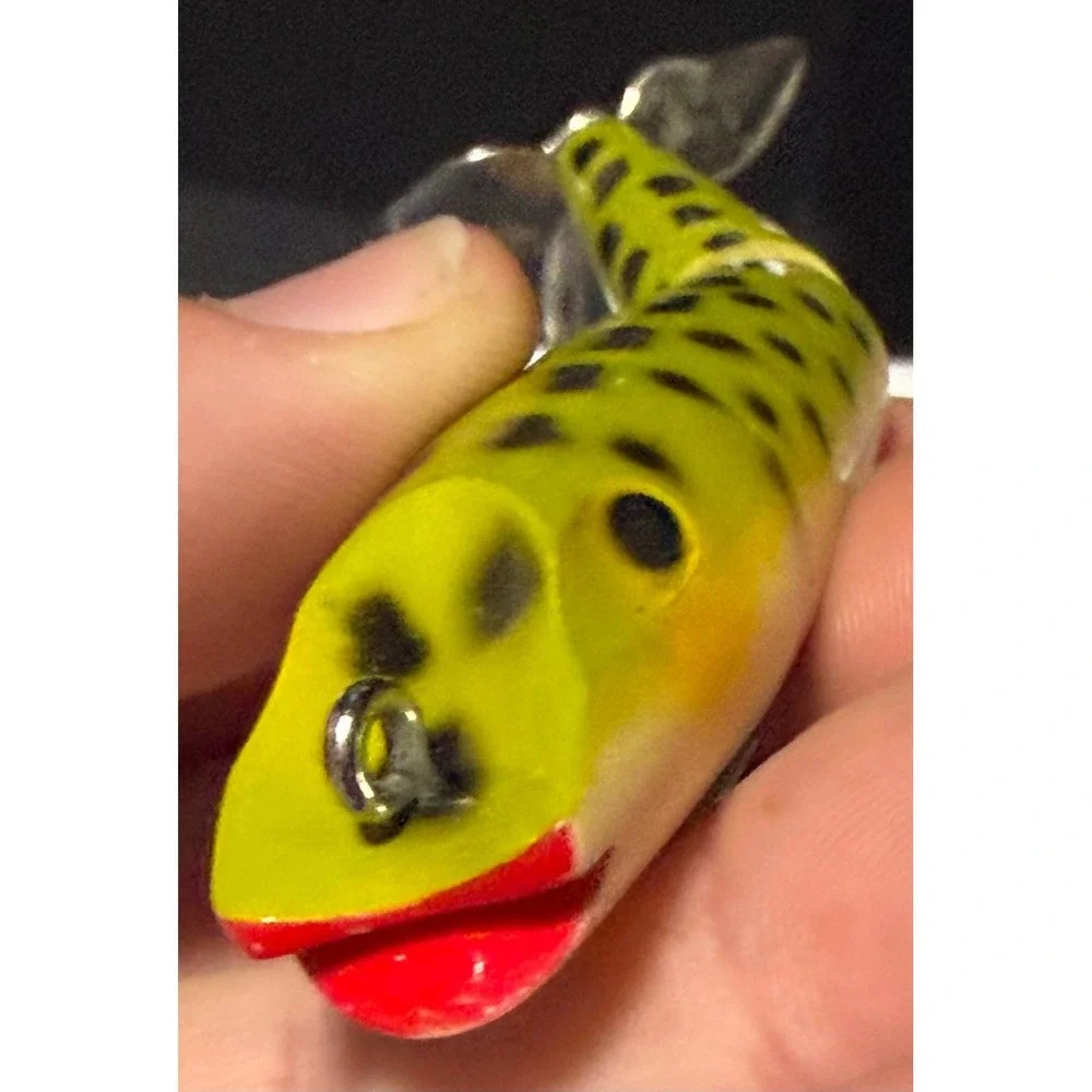 Vintage Jointed Wood Fishing Lure Yellow Green Spotted Propeller Bait NB042